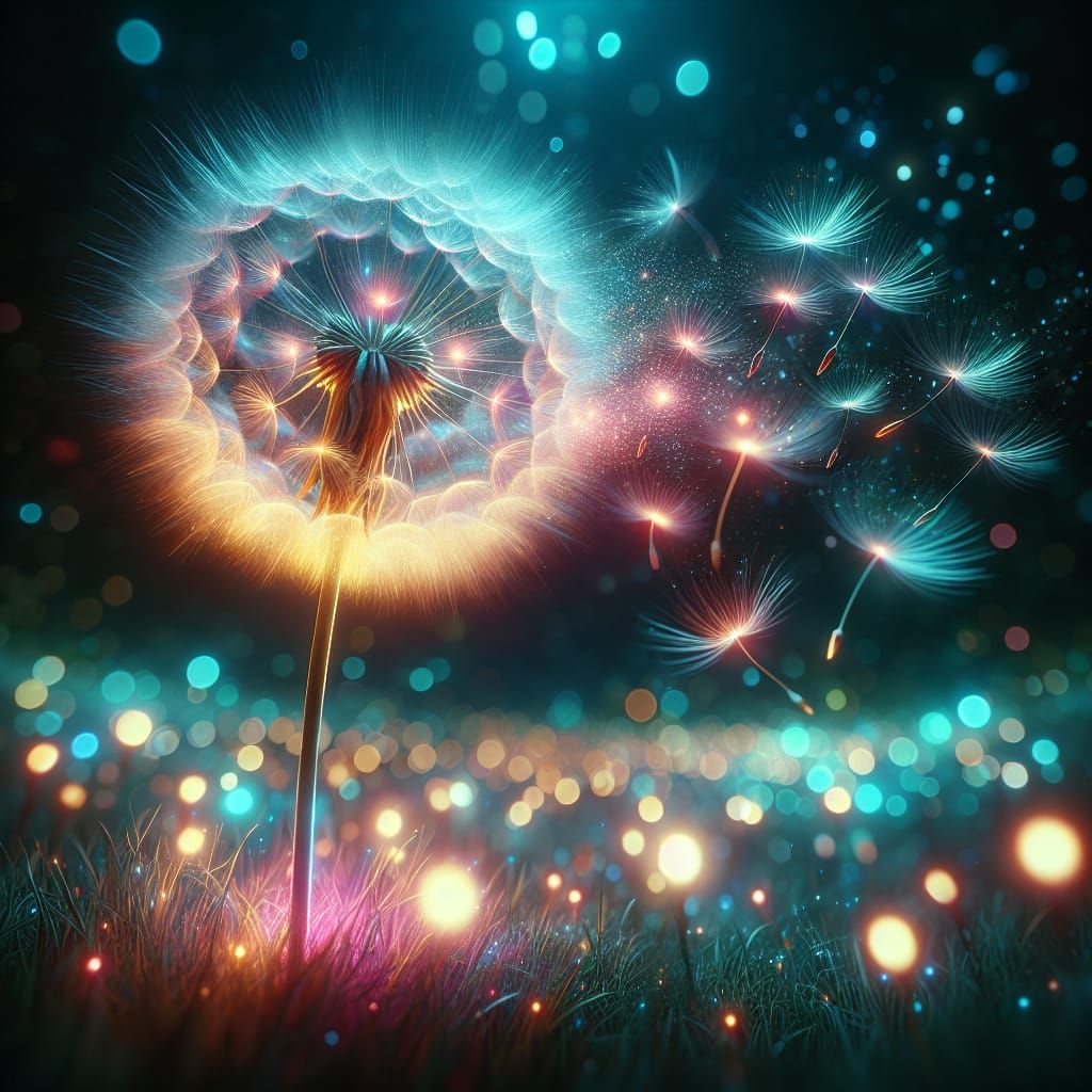 Luminous Neon Dandelion Seeds in a Bioluminescent Meadow