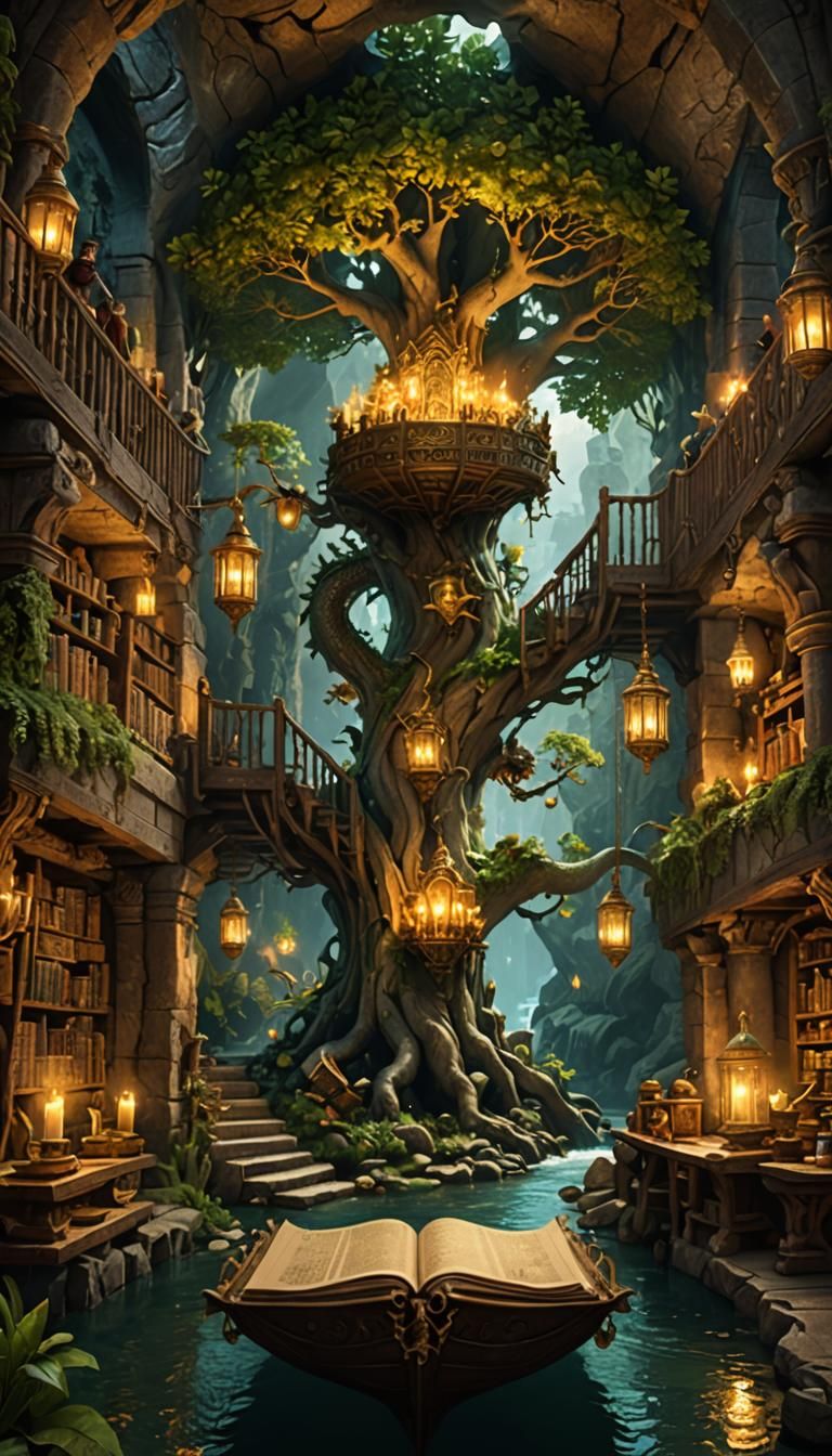 In the atrium of a cave, A Fae’s medieval  alchemy lab filled with ancient scrolls and tomes, overflow with treasure: tr...