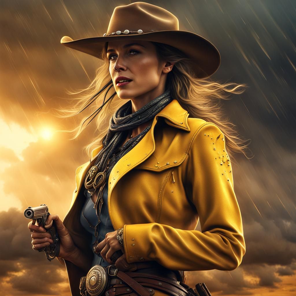Cowgirl Laughing in Desert Sunrise Rainstorm
