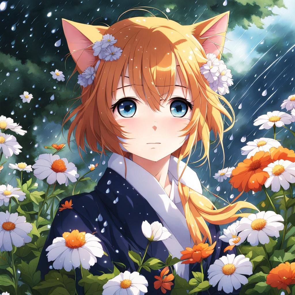 Calico Cat in Rainy Anime Flower Garden