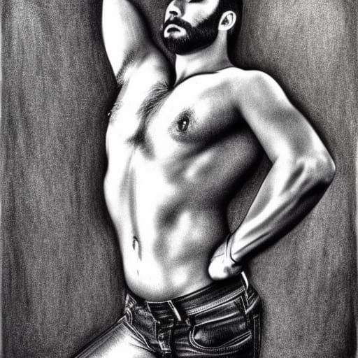 Hyperdetailed Charcoal Drawing of Shirtless Man