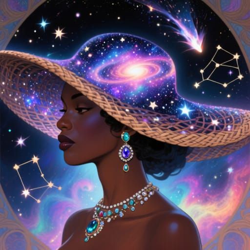 Cosmic Woman Wearing Universe Hat with Jewels