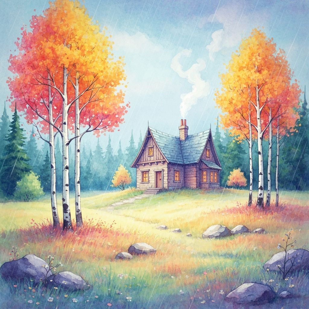 Whimsical Cottagecore Watercolor Painting in Autumn Rain