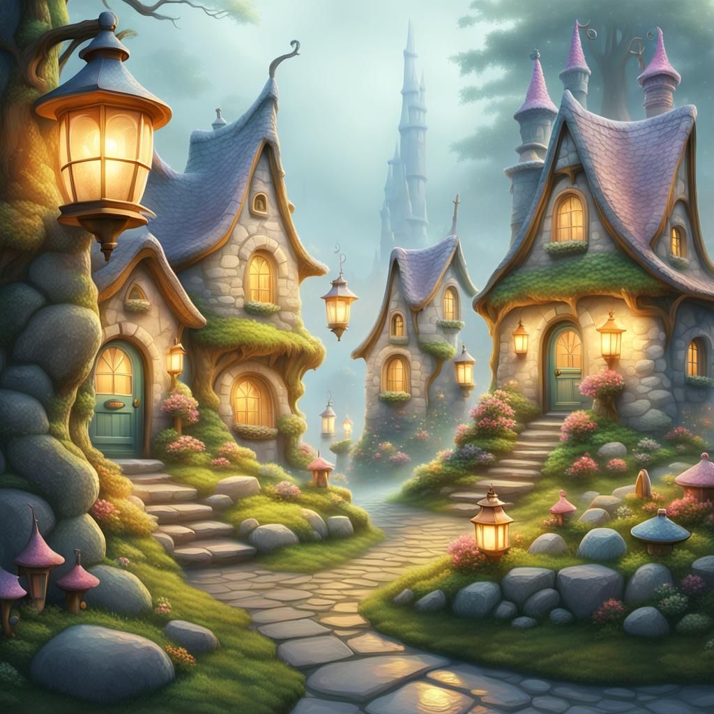 Whimsical Gnome Neighborhood in Warm, Golden Light