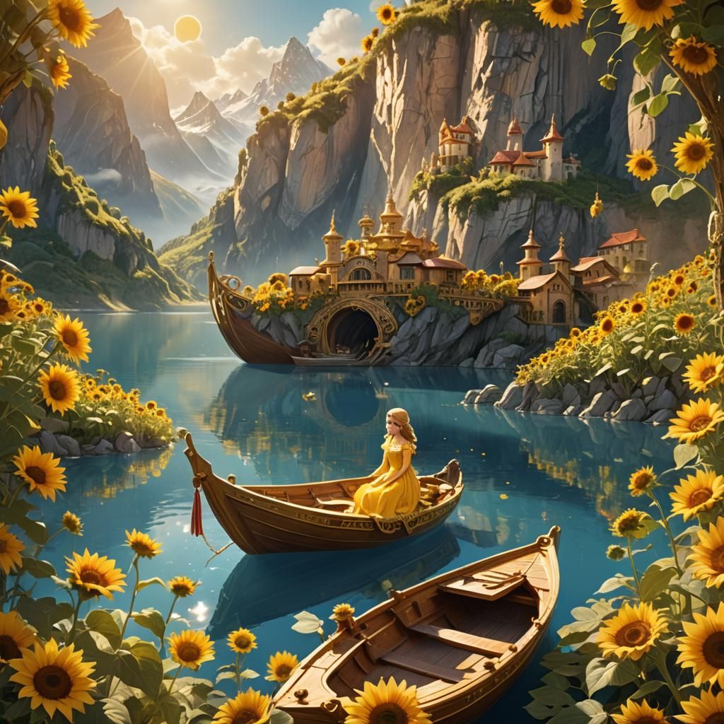 Golden Boat with Sunflower Princess, Matte Painting
