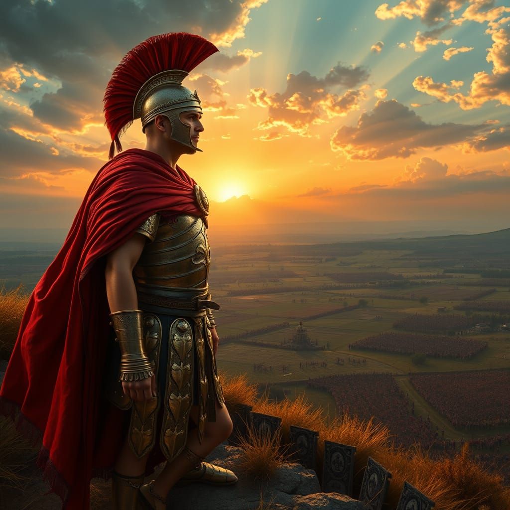 Roman Legionary Amidst Epic Battlefield, Oil Painting Style
