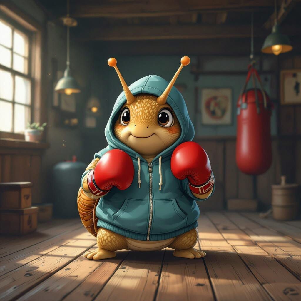 Anthropomorphic Snail Boxer in Dreamlike Gym