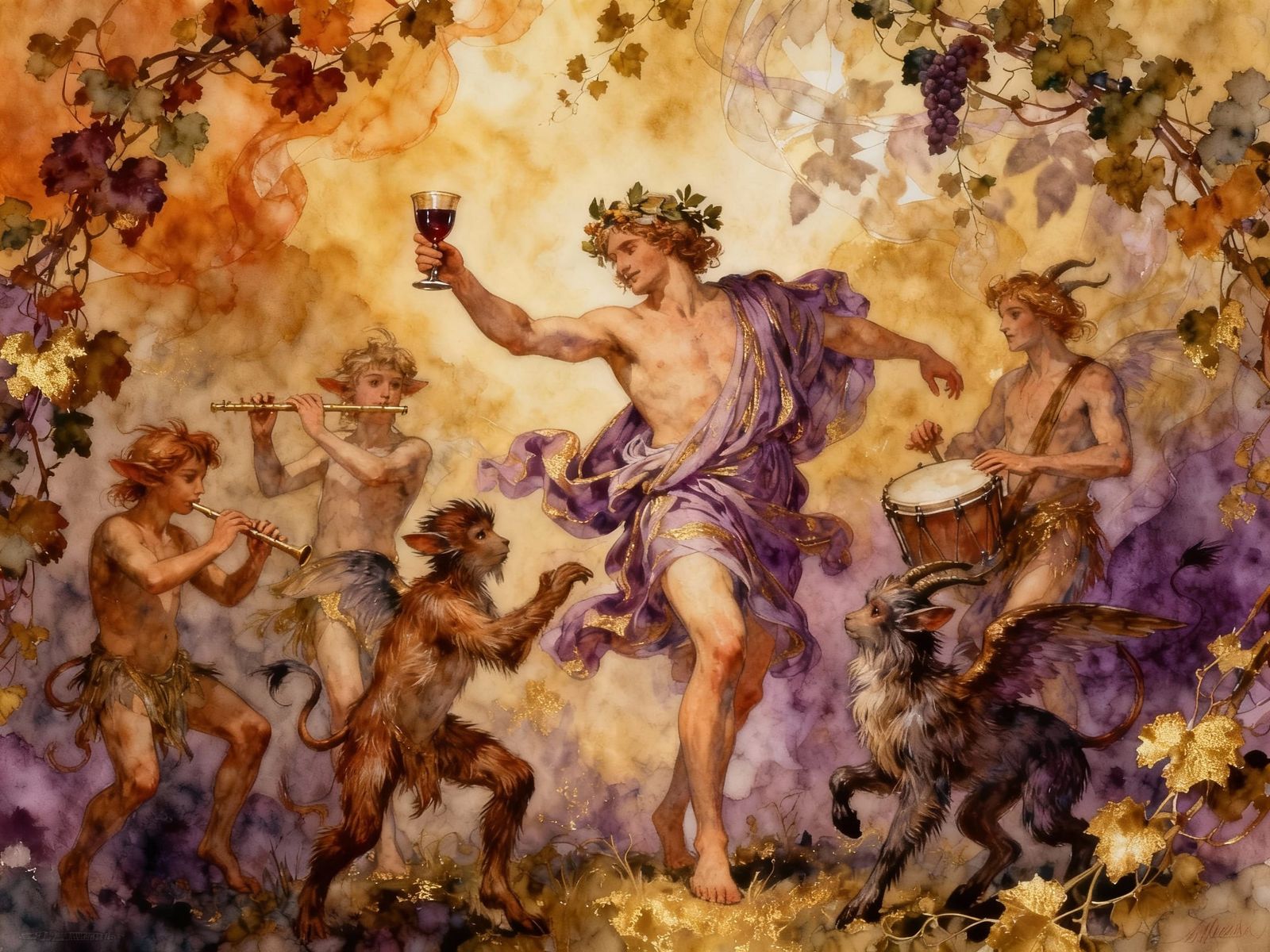 Bacchus Dancing with Fauns and Satyrs in Watercolour