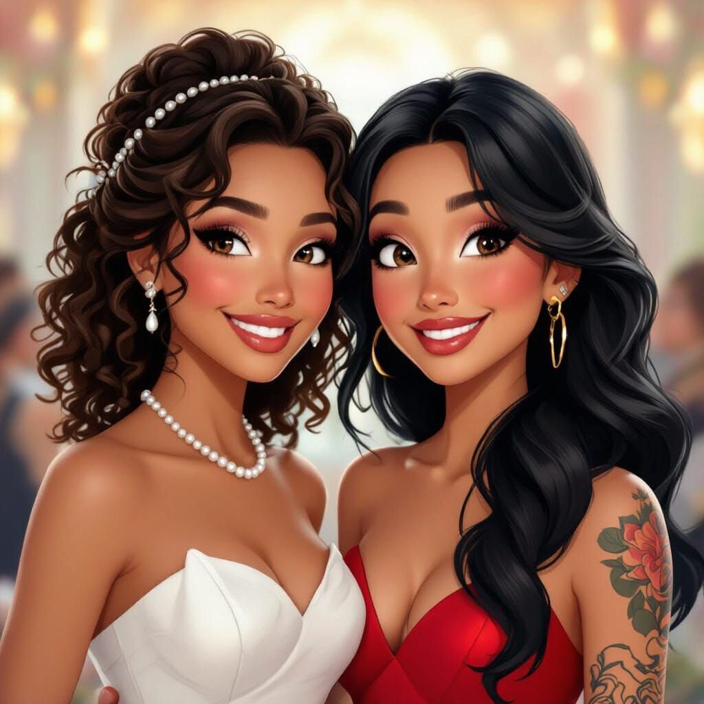 Joyful Selfie of Two Friends at Celebration in Pixar Style