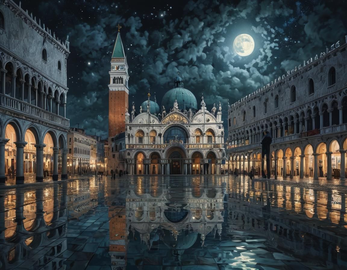 Moonlit Venice: St. Mark's Square in Pointillism