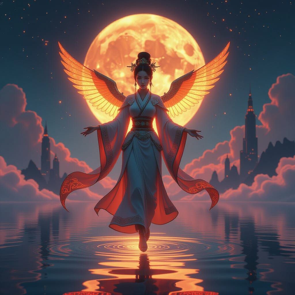Vietnamese Guardian Floats Under Fractal Moon in Anime Style