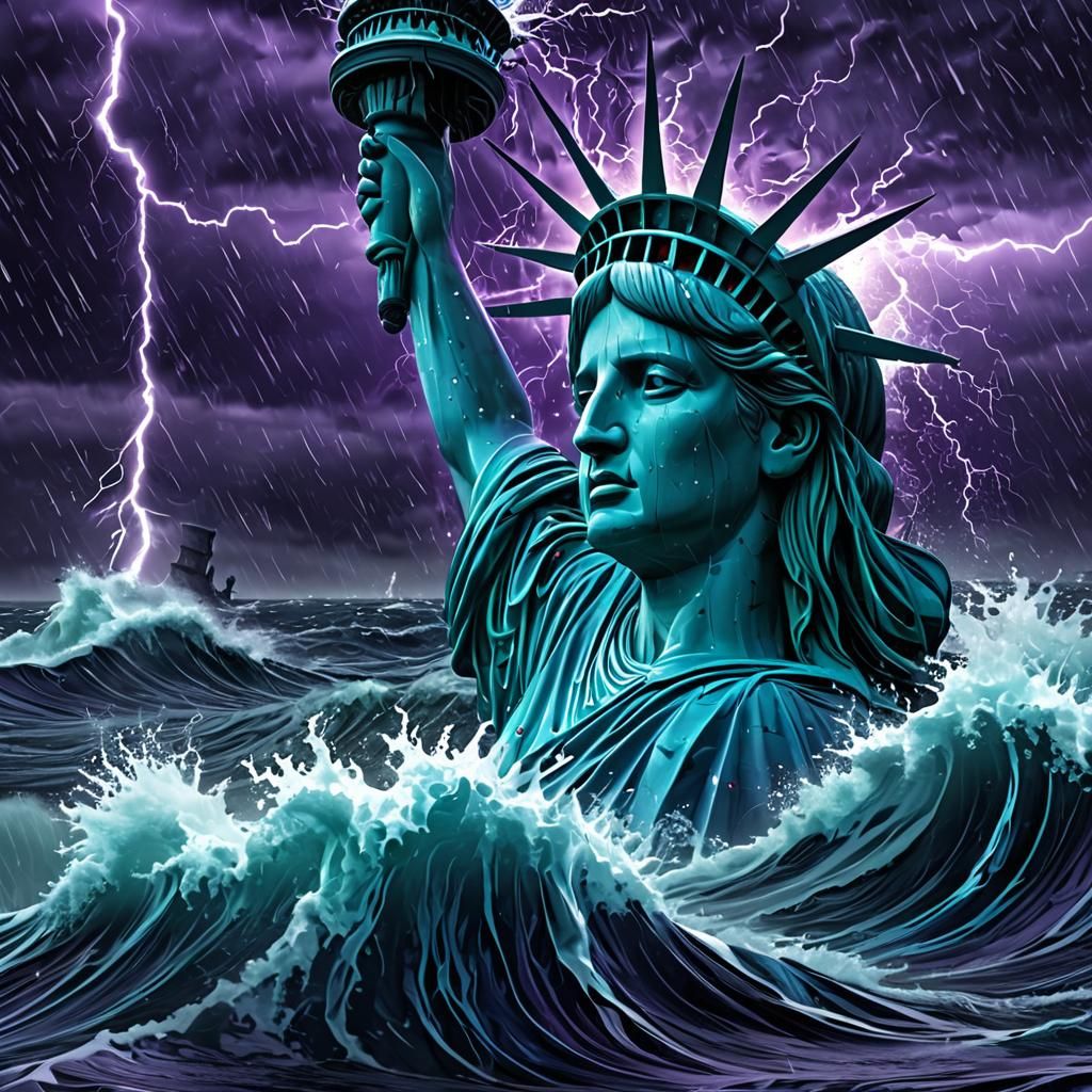 Statue of Liberty crying sinks into the sea,storm ,rain,ligh...