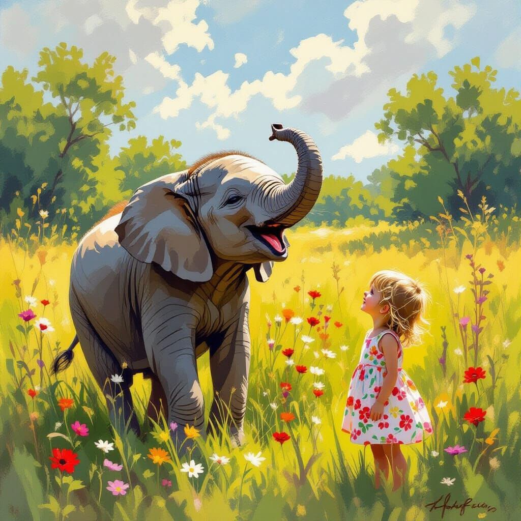 Elephant and Child in Sun-Drenched Field, Impressionistic St...