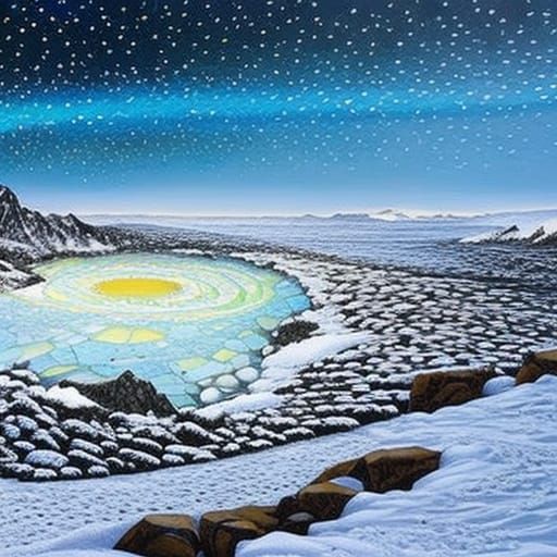 Mosaic Ice Cave Landscape Under Aurora Borealis