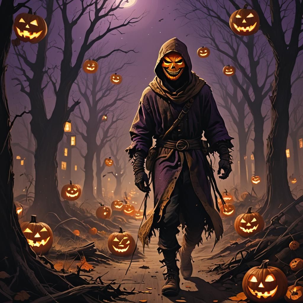 Menacing Sam in Burlap Mask on Halloween Night