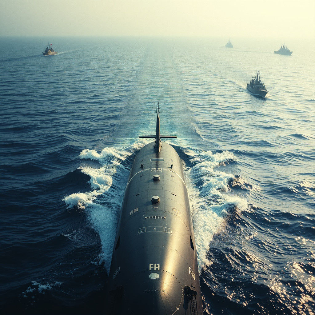 Submarine Surfaces Witnessing Approaching Naval Fleet