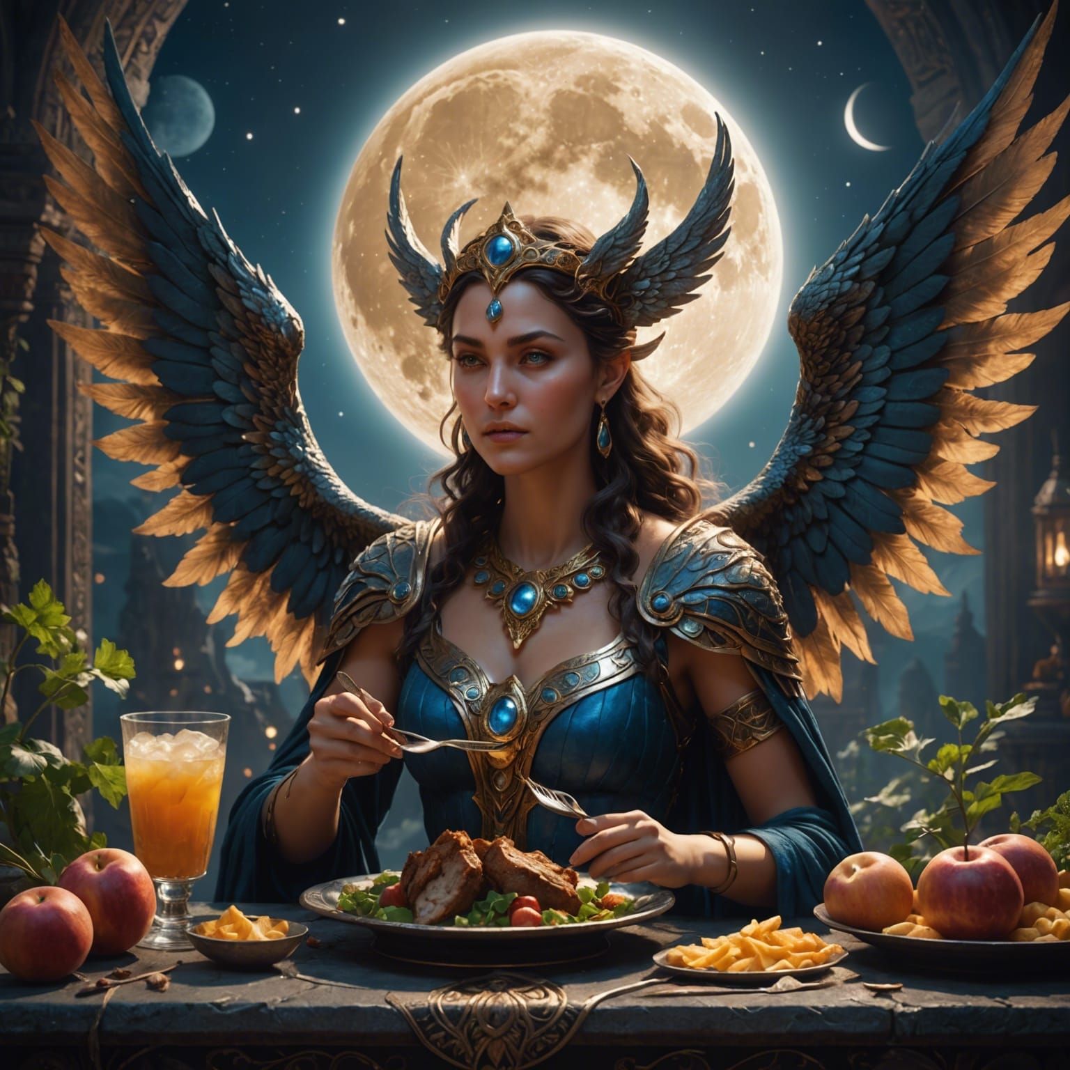 Winged Lunar Goddess Eats in Blinding Light