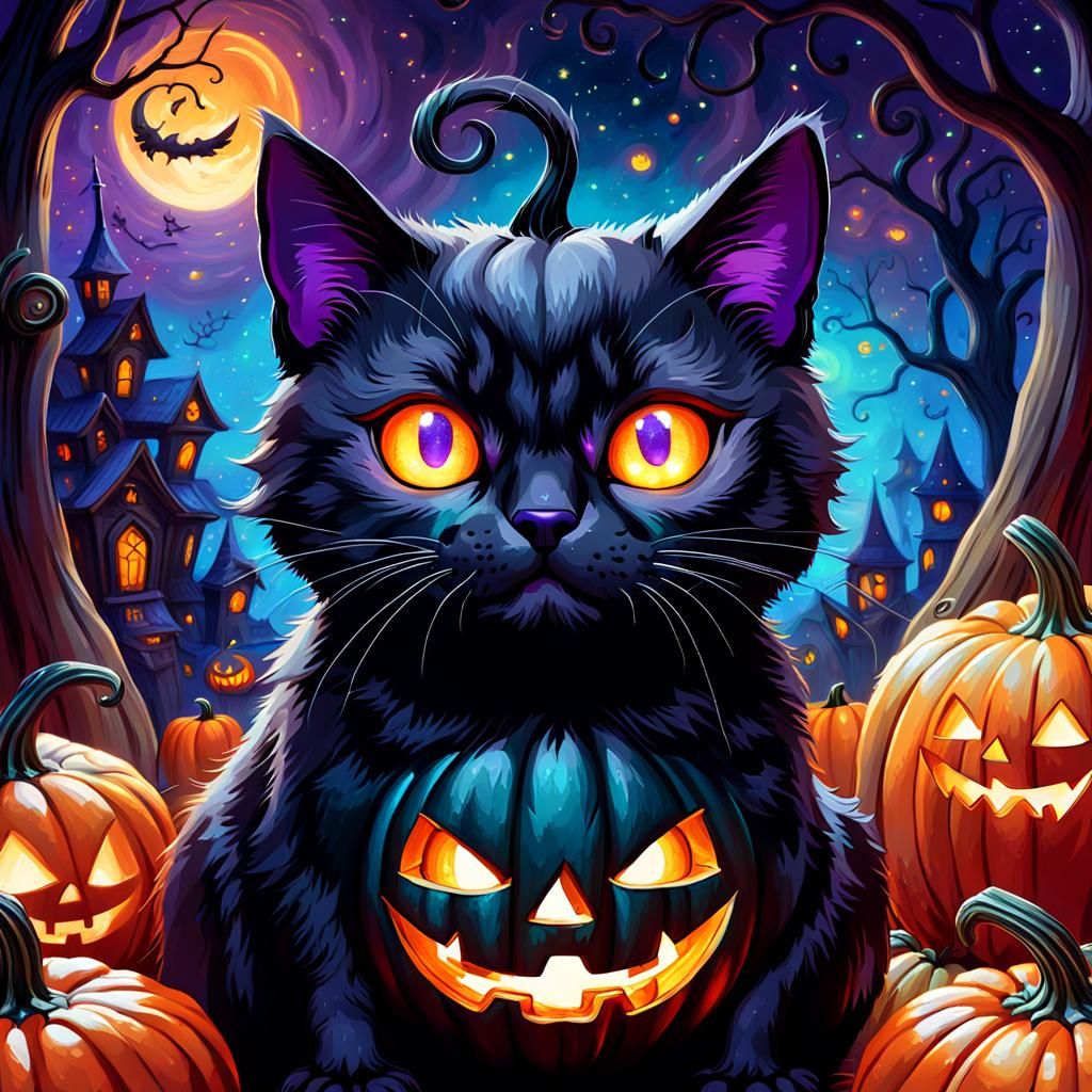 Kawaii Black Cat in Pumpkin, Vibrant Oil Painting