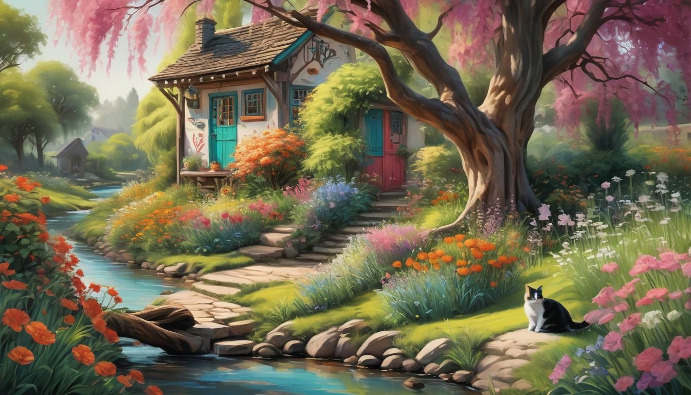 Whimsical Cottage Garden Graffiti Art with Cat