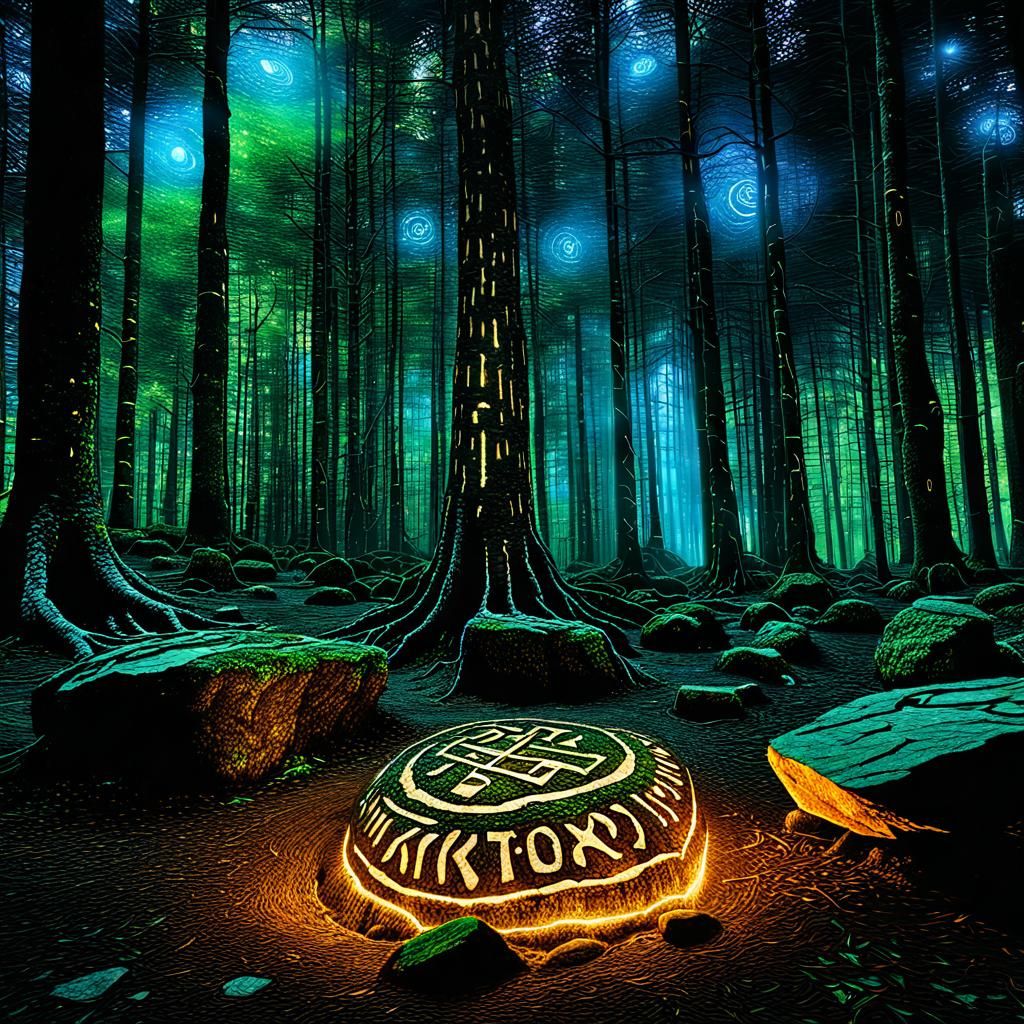 Mystical Sacred Forest with Glowing Runes