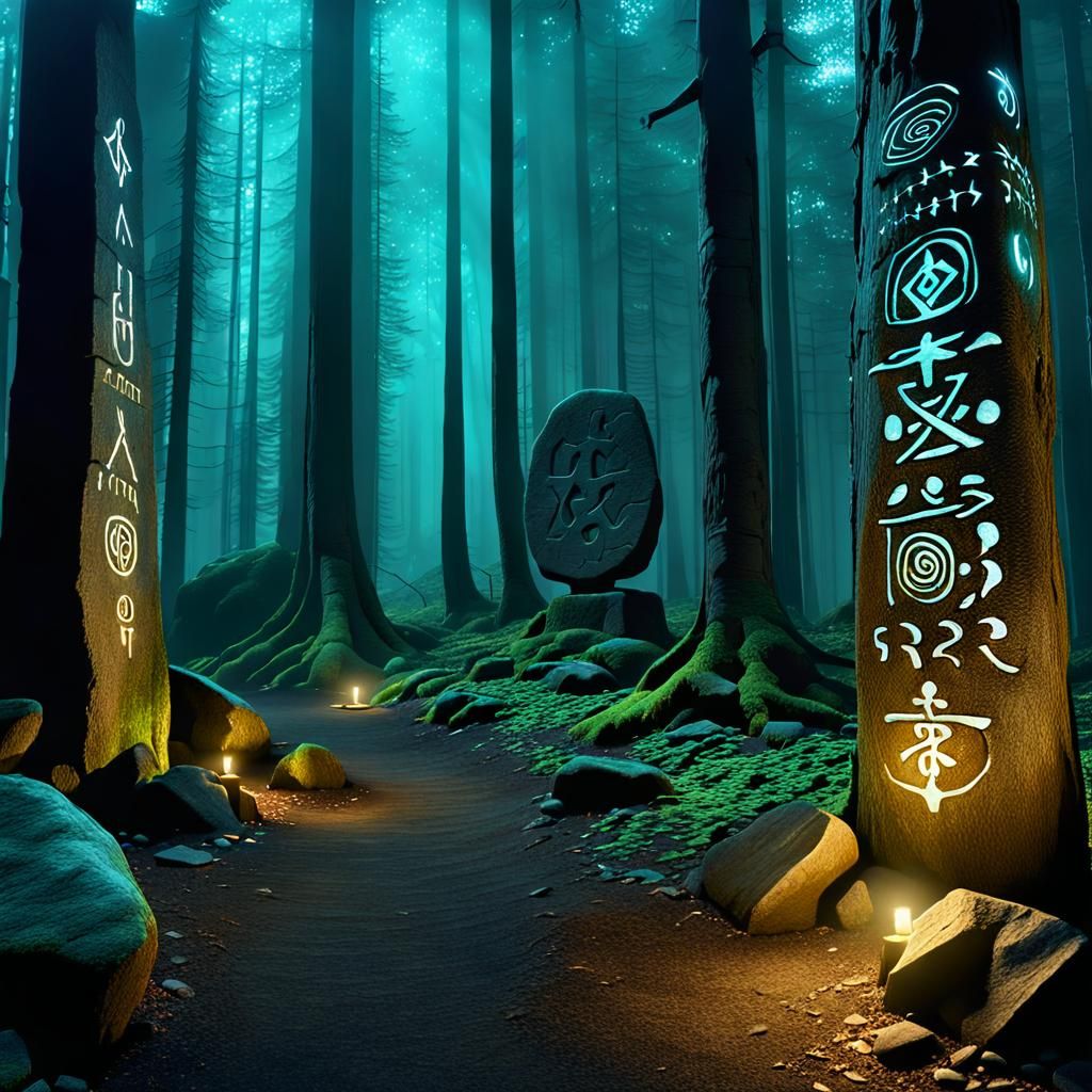 Mystical Forest with Glowing Runes in 8k