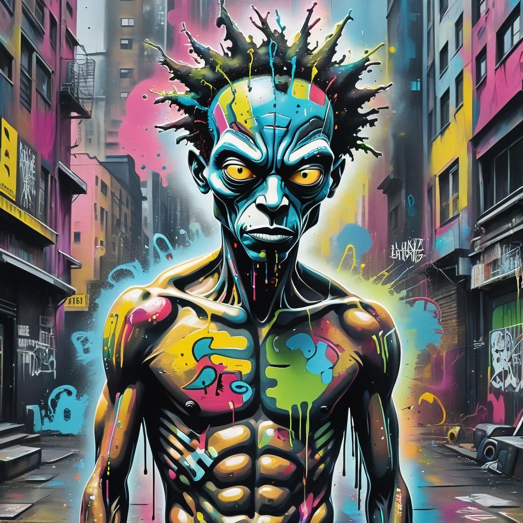 Alien Street Art Portrait in Futuristic Cityscape