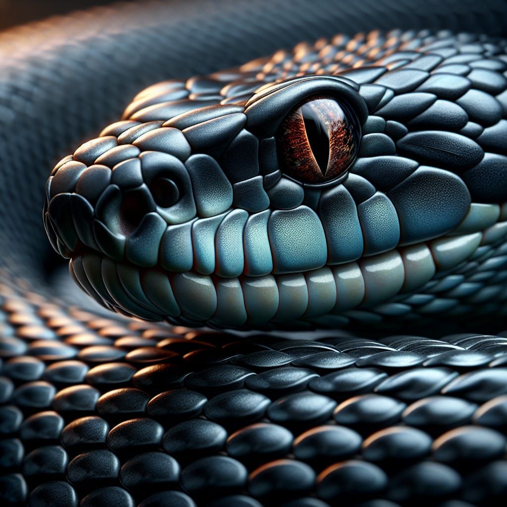 Detailed Close-Up of a Snake with Gunmetal Blue Scales