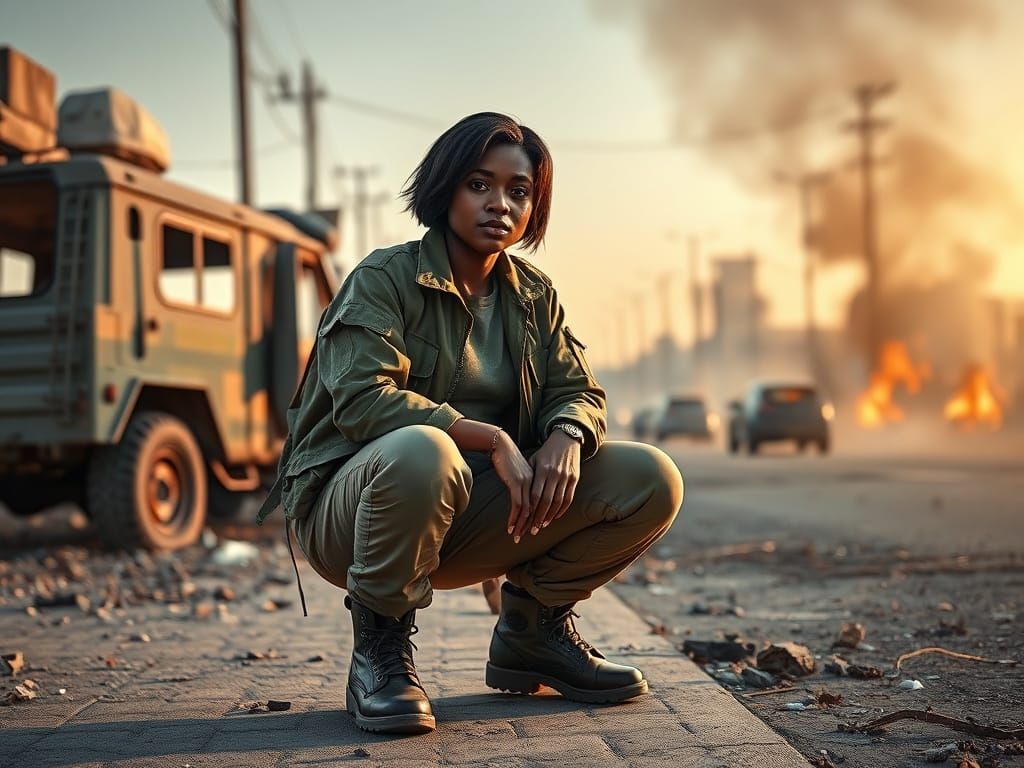 Woman Contemplates Decision in War-Torn Street