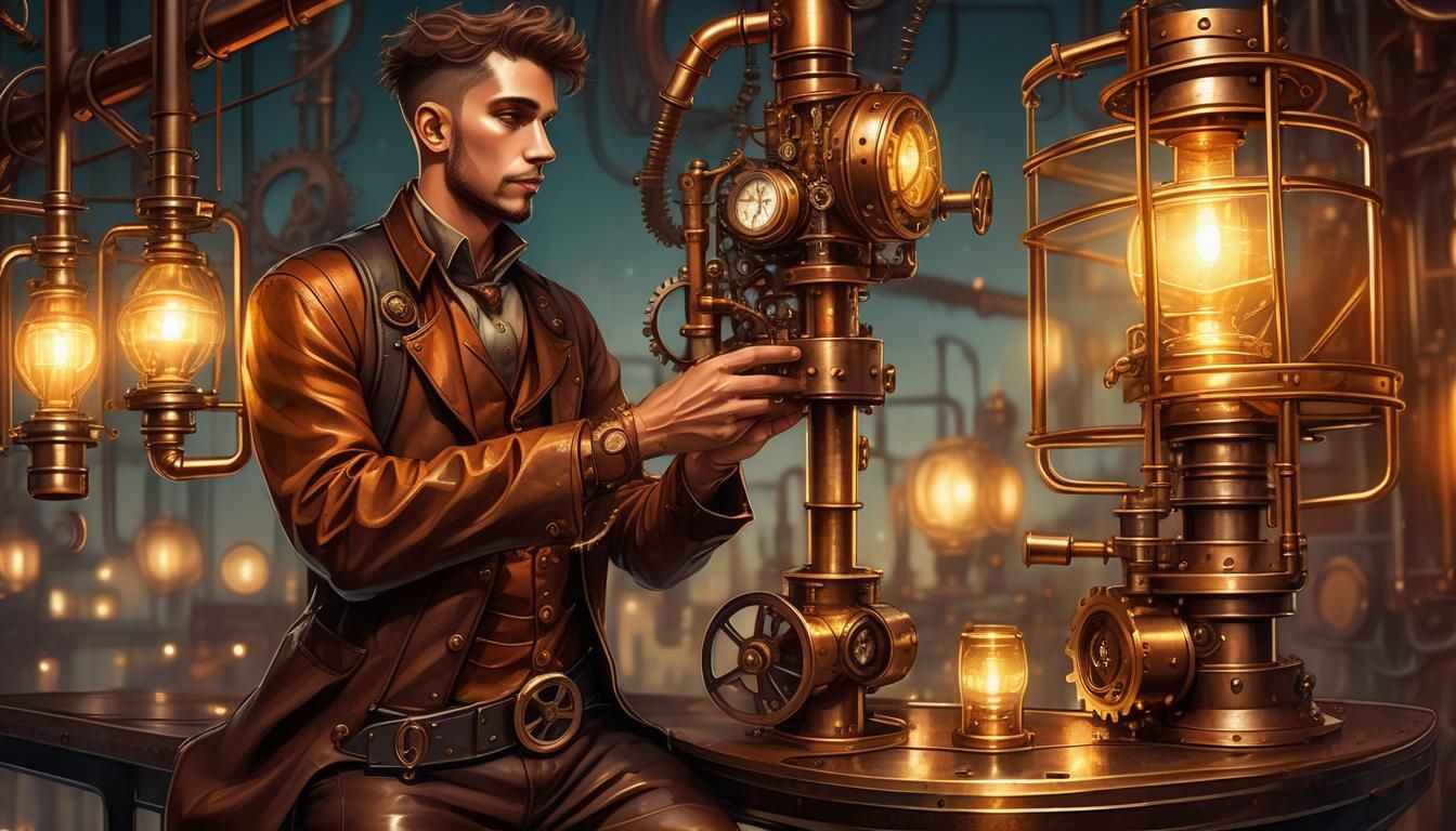 Steampunk Engineer Exercising on Metal Contraption