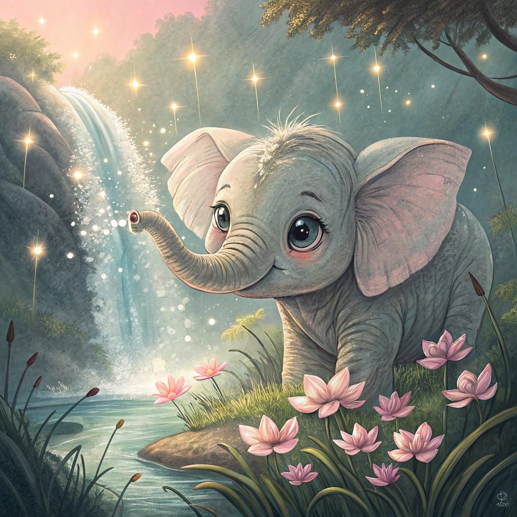 Chibi Elephant in Magical Watercolor Dreamscape