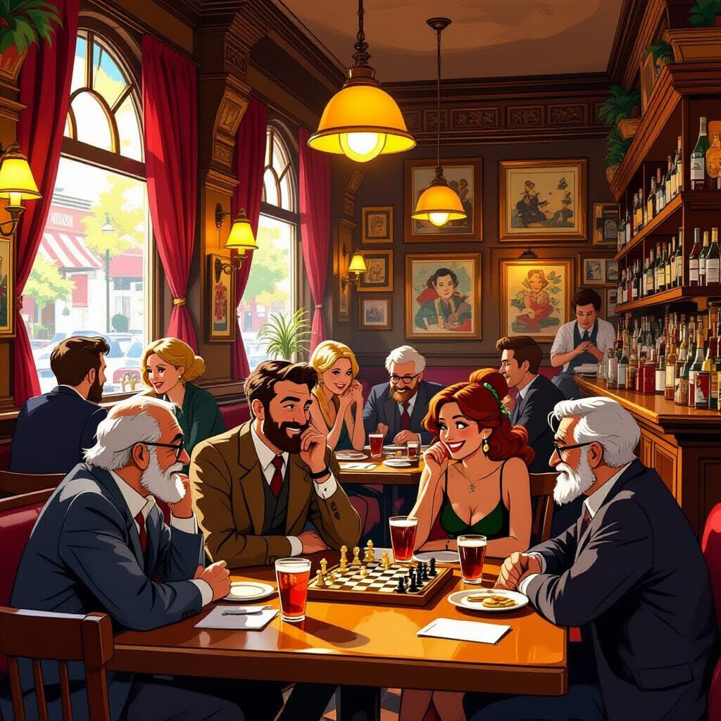Bustling Philadelphia Tavern with Lively Patrons in Animated...