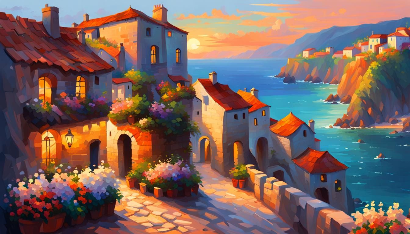Impressionist Village on a Sea Cliff at Sunset