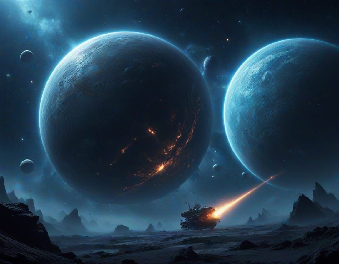 Sci-Fi Spaceship Harvesting Giant Blue Planet