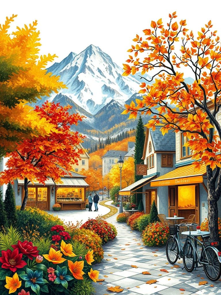 Vibrant Winter Floral Garden with Majestic Mountain Range