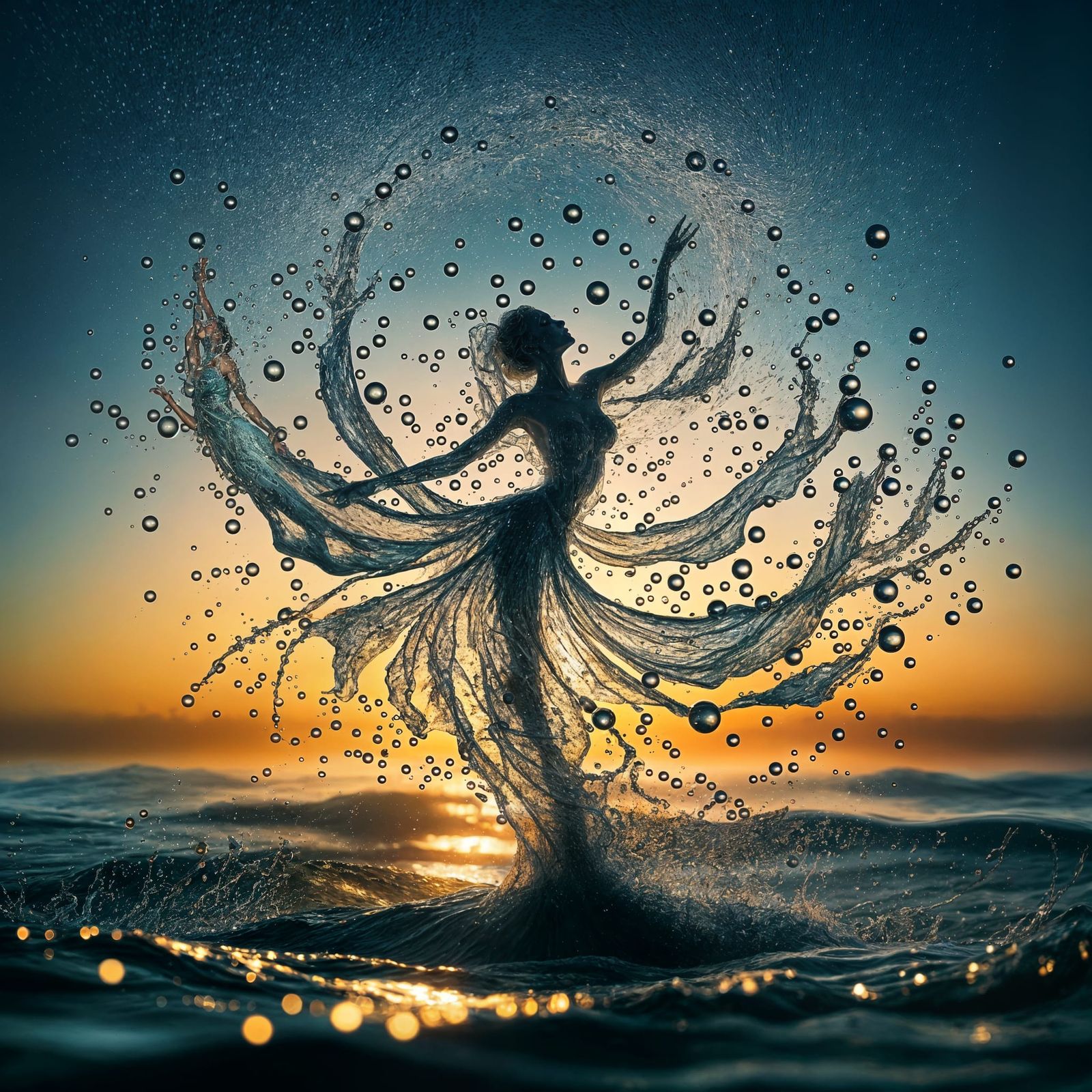 Dancing Mermaid Silhouette Formed From Water Droplets