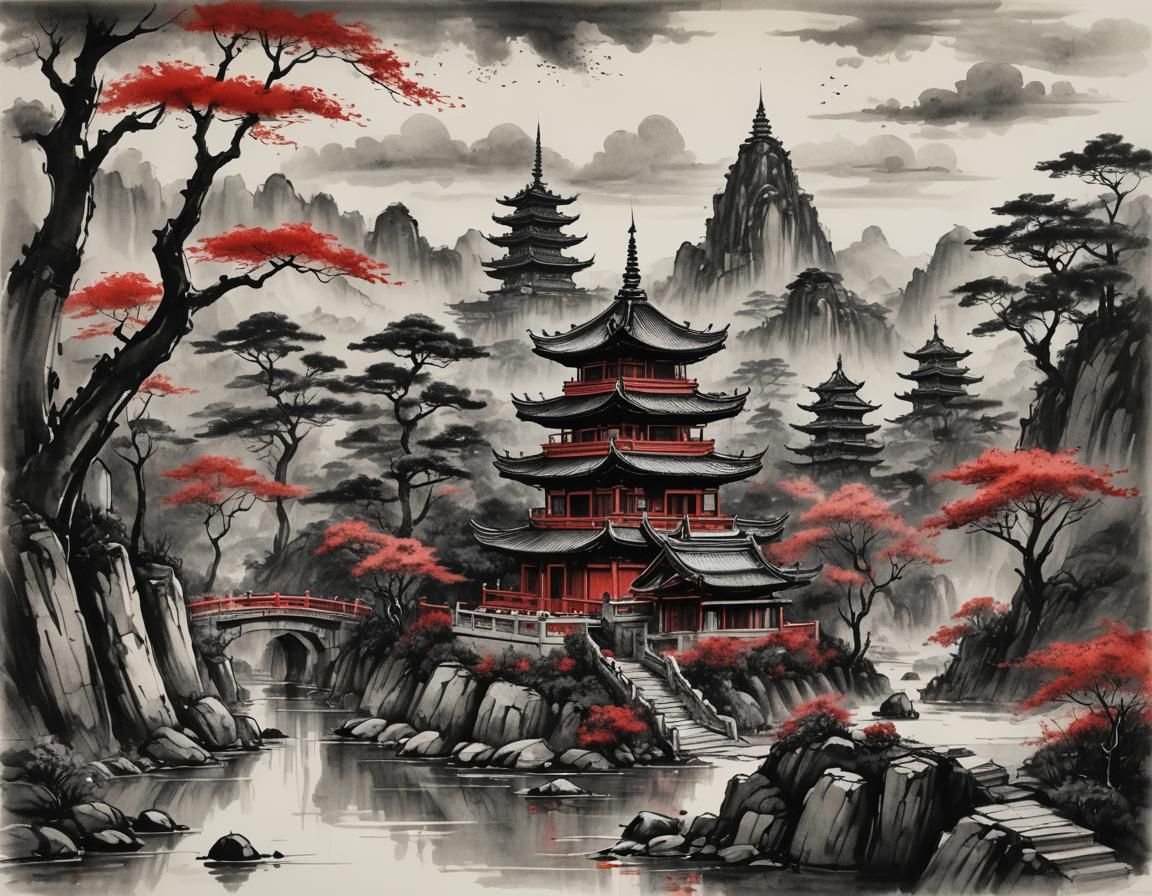 Buddhist Pagoda in Red and Black Ink Wash