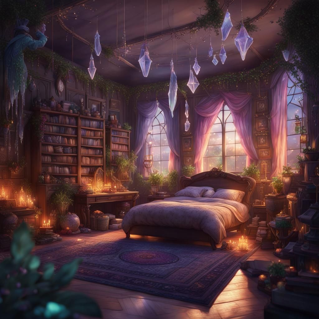 Fantasy Bedroom with Crystals and Fairy Lights