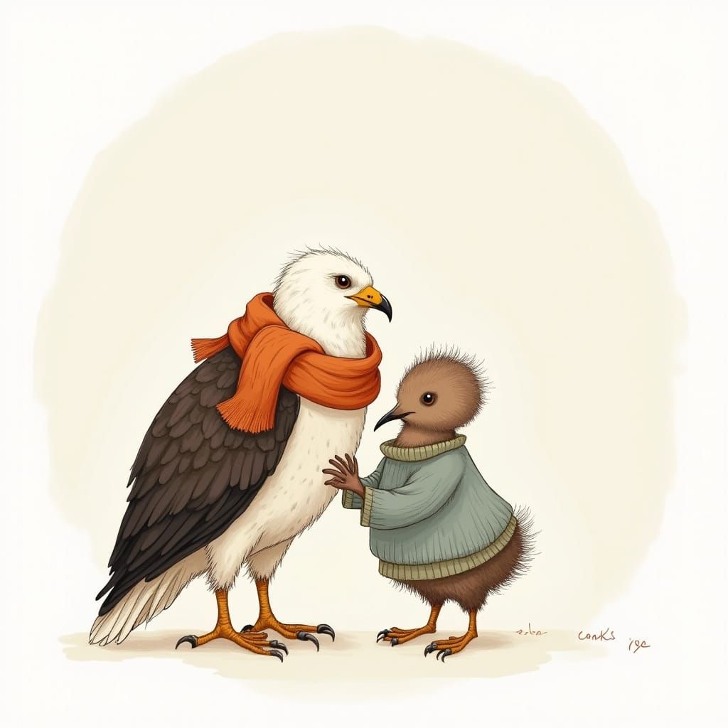Bald Eagle and Kiwi Friends in Whimsical Line Drawing
