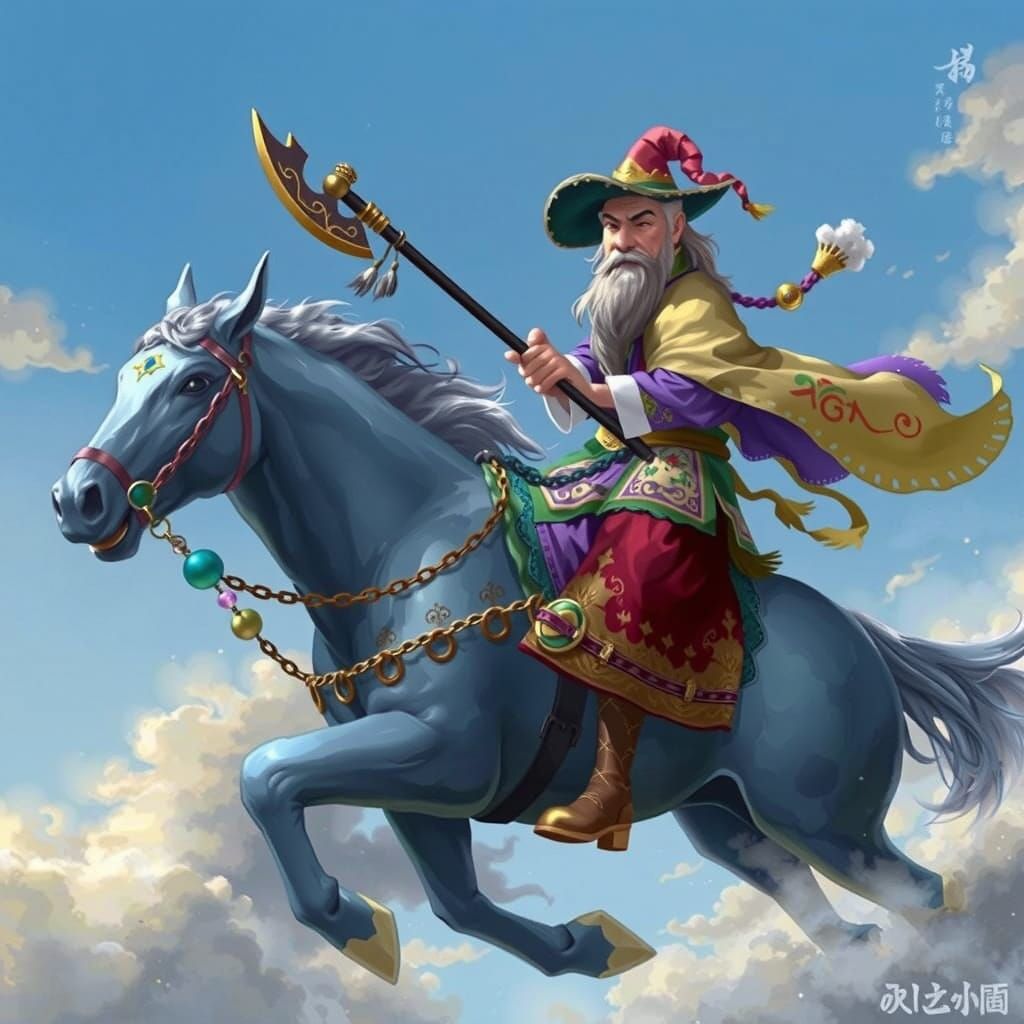 Chinese Wizard Riding Horse Through Clouds with Poleaxe