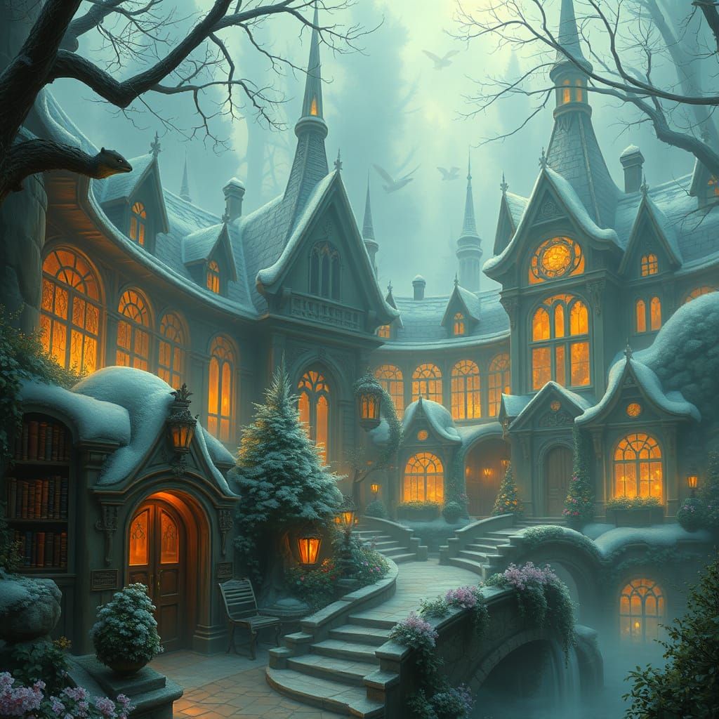 Ethereal Library in Whimsical Fantasy Landscapes