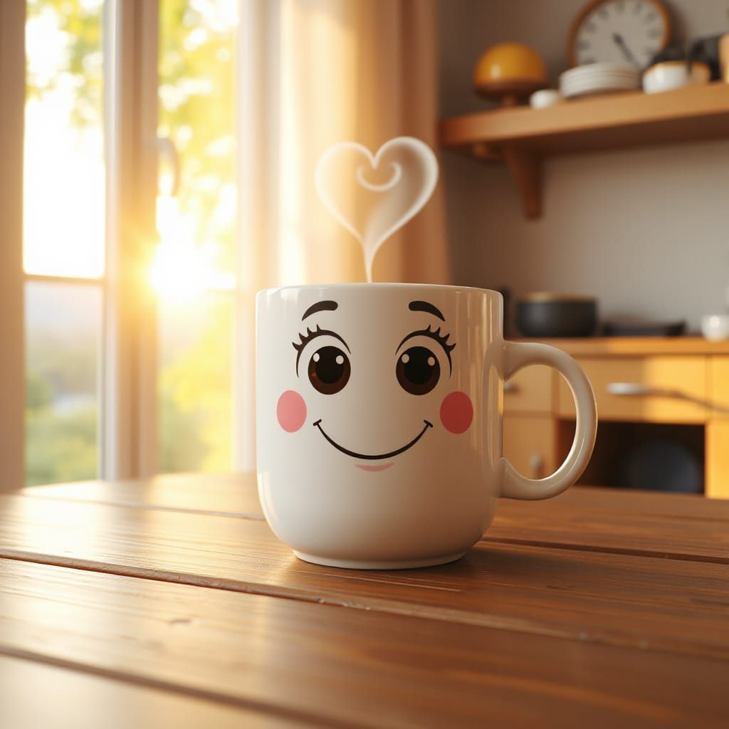 Whimsical Coffee Mug Renders in Warm Sunrise Light