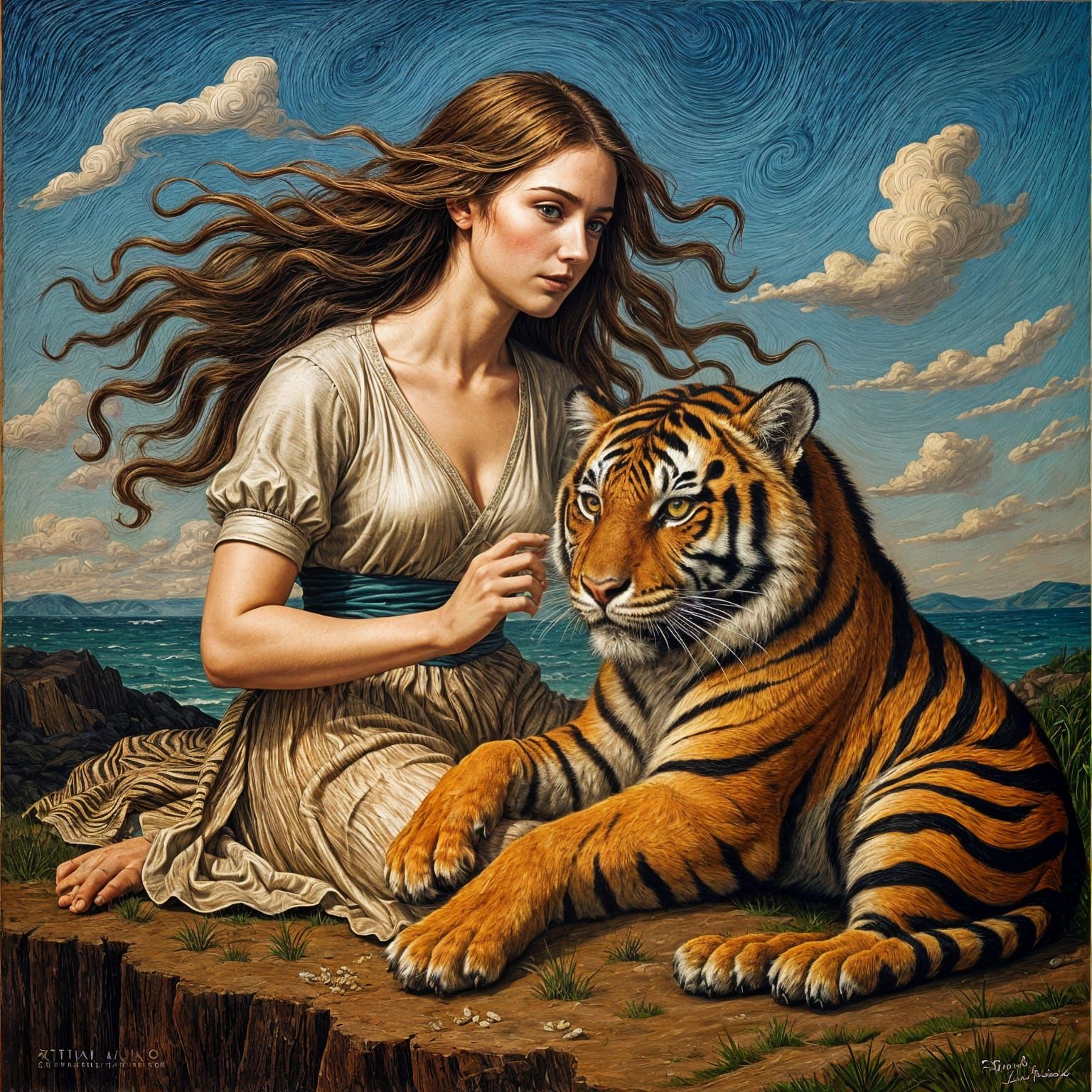 Windswept Woman Strokes Tiger on Cliff in Bright Colors