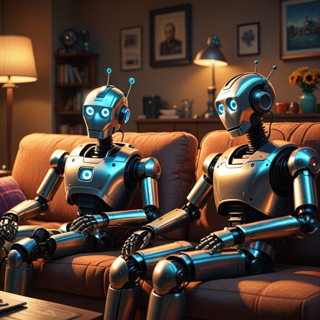 Comedic Robot Duo in Pixar Style Living Room