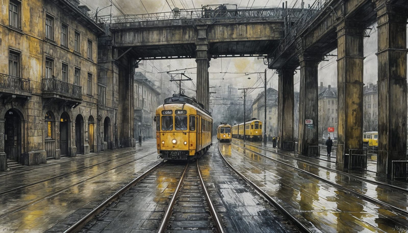 Yellow Train Under Bridge in Socialist Realism Style