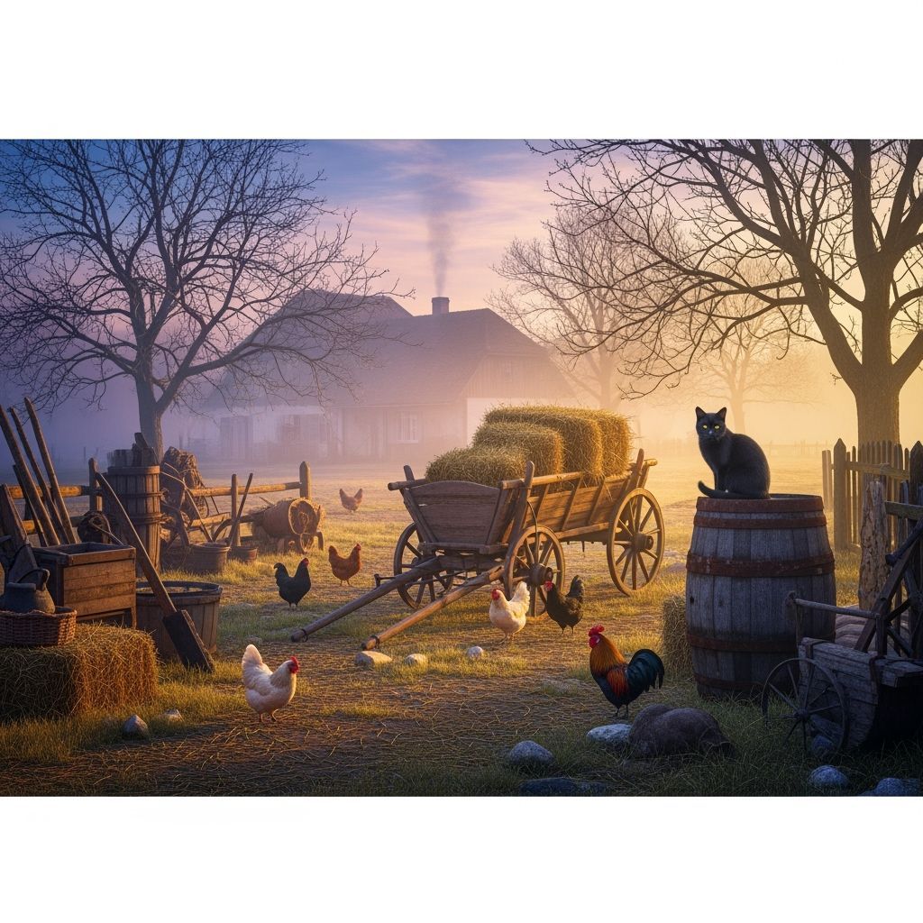 Rustic 1900s Farmyard Scene with Black Cat