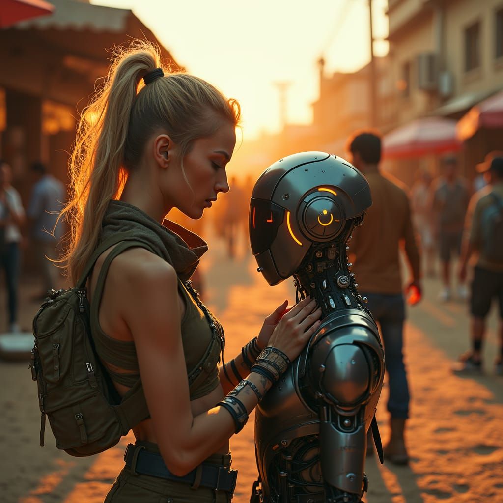 Cyberpunk Woman on Desert Planet Amidst Neon-Lit Chaos