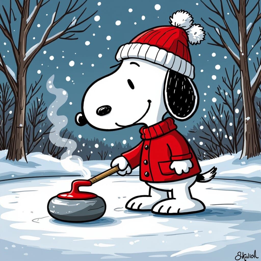 Snoopy Curling on Frozen Pond in Cartoon Style