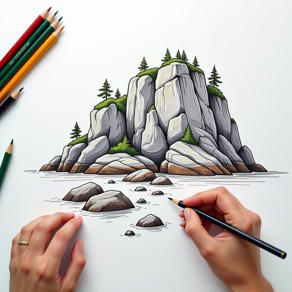 Pencil Drawing of Rocky Outcrop with Visible Hands