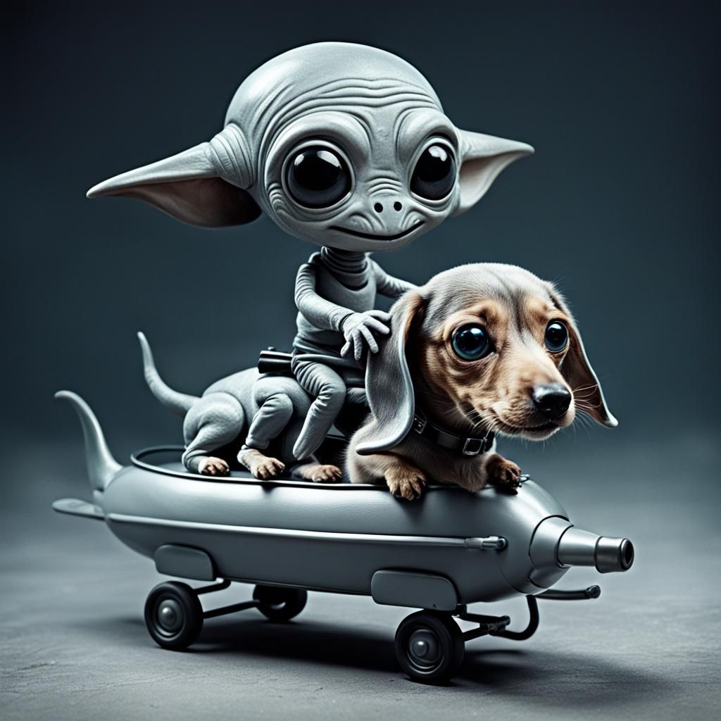 Grey Alien Rides Dachshund: Creepy Cute Art