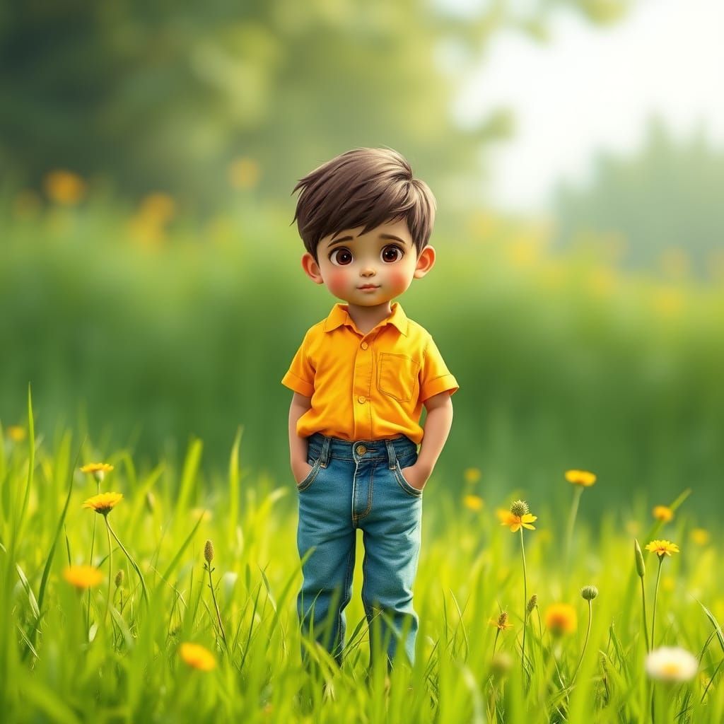 Boy Max in Meadow, Whimsical Illustration